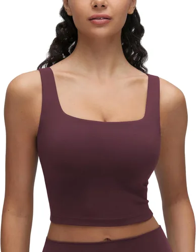 Vista 16 de CRZ YOGA Butterluxe Square Neck Crop Tank Top Brasier integrado, soporte ligero, almohadillas extraíbles, yoga, extremadamente suave, tirantes