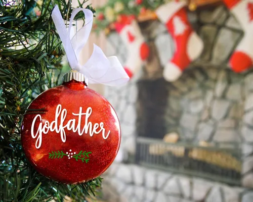 Vista 2 de Adorno de Navidad para padrino, bautizo o bautismo para padrinos, anuncio de embarazo, propuesta de padrino, bola de purpurina roja hecha a mano