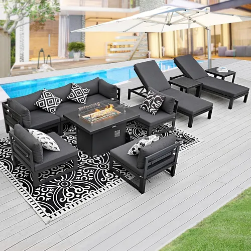 Vista 26 de BULEXYARD - Sofá modular de aluminio para exteriores con mesa para fogata, 7 piezas, color verde azulado