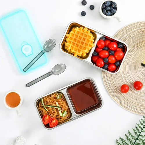 Vista 6 de Recipientes de Acero Inoxidable para Snacks con Tapas, Paquete de 2 Loncheras Reutilizables Grab and Go de 2 Compartimentos para Viajes y Campamento