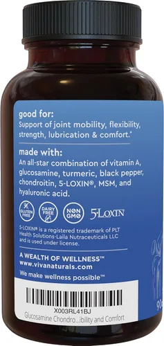 Vista 8 de Viva Naturals Suplemento de apoyo articular de glucosamina condroitina MSM, 90 cápsulas - con cúrcuma, pimienta negra, boswellia y ácido hialurónico