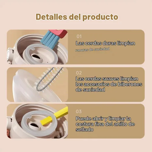 Vista 4 de Cepillo de limpieza de tapa de taza 3 en 1, cepillo portátil multifuncional de grietas para tapa de botella, espacios estrechos de botella, cepillo
