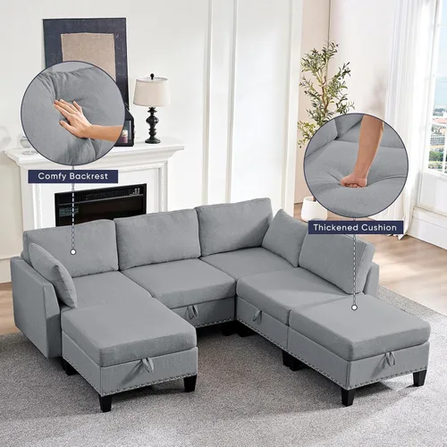 Vista 8 de ijuicy Sofá modular convertible de 110 pulgadas con asientos de almacenamiento y 2 otomanas móviles, sofá modular en forma de U de 6 asientos