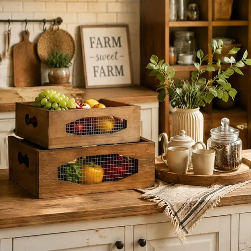 Vista 4 de Okllen Juego de 2 cestas de madera anidables para encimera, caja de almacenamiento decorativa de madera rústica con asas recortadas para pan