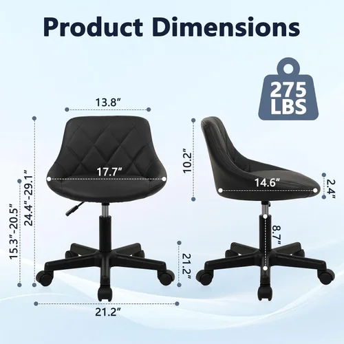 Vista 3 de KLASIKA Taburete con ruedas de respaldo bajo negro, taburetes de tocador de cuero PU, altura ajustable ergonómica giratoria giratoria silla