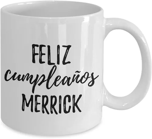 Vista 2 de Feliz Cumpleanos Merrick Mug Spanish Happy Birthday Personalized Name Gift Coffee Tea Cup 11 oz
