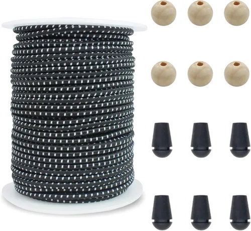Vista 16 de Cordón elástico delgado negro de 2mm para hacer pulseras, cuerda elástica redonda de 129 pies, cordón para cuentas Pony, hilo elástico