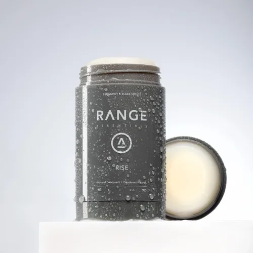 Vista 2 de Range Essentials Rise Desodorante natural, aroma a bergamota, sin aluminio, sin bicarbonato de sodio, tamaño de viaje, piel sensible, protección