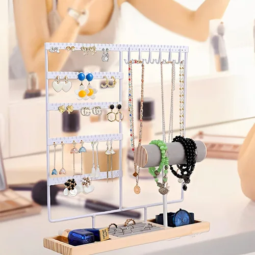 Vista 4 de HINIHAO Soporte para aretes, organizador de joyas, soporte para collares, estante de torre de joyería de 5 niveles, 108 agujeros, 12 ganchos