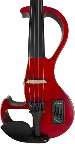 Vista 2 de Conjunto de borde de túnel de violín eléctrico 4/4 de tamaño completo (rojo) - Con estuche de transporte y accesorios - Mini amplificador - conector