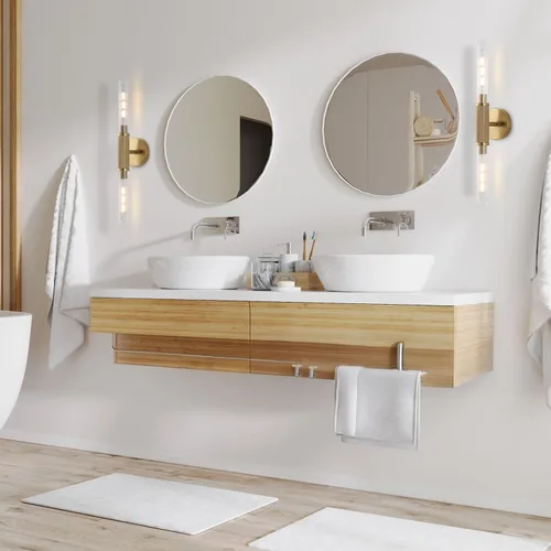 Vista 7 de Apliques de pared con textura moleteada dorada de 24" Lámparas modernas cilíndricas para tocador de baño con pantalla de vidrio transparente rayado
