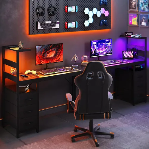 Vista 7 de YOUDENOVA Escritorio para computadora de juegos de 40 pulgadas con luces LED, escritorio pequeño con estantes y cajones de almacenamiento, mesa