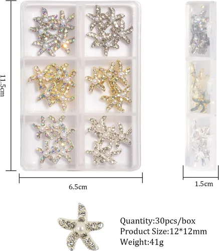 Vista 5 de 30 dijes de uñas de estrella de mar de aleación 3D, diamantes de imitación de uñas de 6 colores AB brillantes cristales diamantes, joyería de uñas