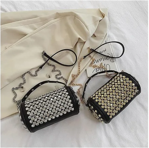 Vista 5 de Bolso cruzado cilíndrico con diamantes de imitación, monedero de barril brillante para mujer