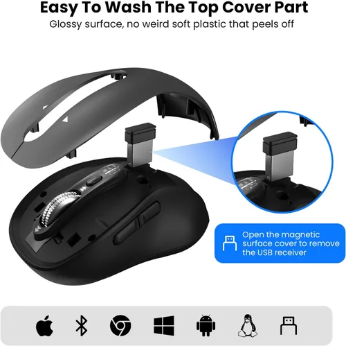 Vista 8 de INFINMIND Ratón inalámbrico Bluetooth, USB + BT × 2, mouse Ergo para computadora multidispositivo, súper rueda de metal de 4 vías, ± 3K DPI, 9