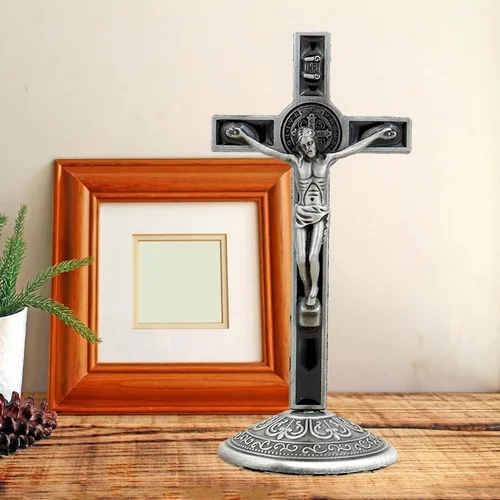Vista 6 de Gazechimp Crucifijo de pie Crucifijo Cruz Jesús Católico Cristo Artesanía Duradera Cruz Altar ST Crucifijo para regalos religiosos Colección