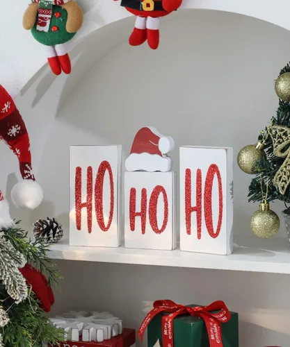 Vista 2 de Ho Bloques de Navidad de madera para decoración de mesa y fiesta, 4 piezas (blanco)