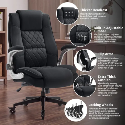 Vista 4 de Silla ergonómica de escritorio con respaldo alto, silla de oficina de tela Negro