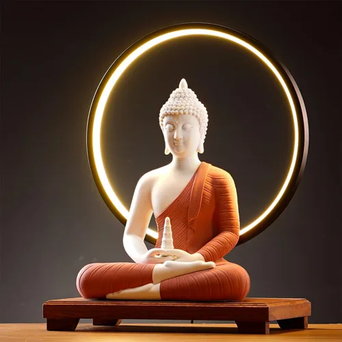 Vista 4 de QINLANG Estatua de Buda roja de 12 pulgadas y lámpara de mesa circular LED de 15.74 pulgadas, estatuas de Buda de interior para decoración del hogar