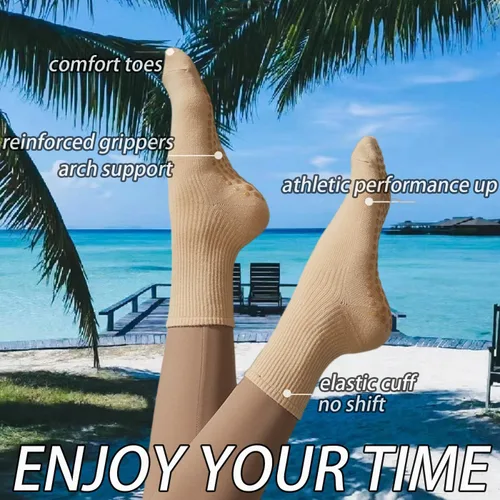 Vista 6 de Calcetines de agarre para mujer, calcetines de yoga para pilates, antideslizantes, barre danza, hospital, correr, lindo, de algodón, 3/4 pares