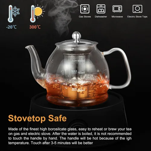Vista 3 de Tetera de vidrio, tetera de 33 onzas / 33.8 fl oz con infusor extraíble, tetera transparente para té de hojas sueltas y té floreciente, hervidor