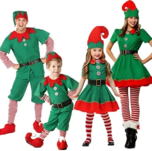 Vista 2 de Disfraz de elfo de Navidad traje de elfo navideño ropa familiar de elfo verde para niños niñas niños adultos mujeres hombres y parejas