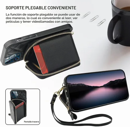 Vista 5 de Bocasal Funda tipo cartera tipo bandolera para iPhone 13 Pro, color negro