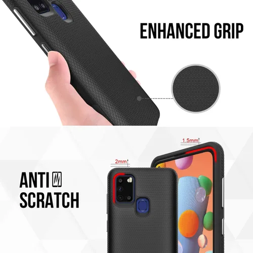 Vista 5 de Funda para Samsung Galaxy A21S, doble capa, agarre mejorado, arañazos, textura rígida, botón independiente (negro)