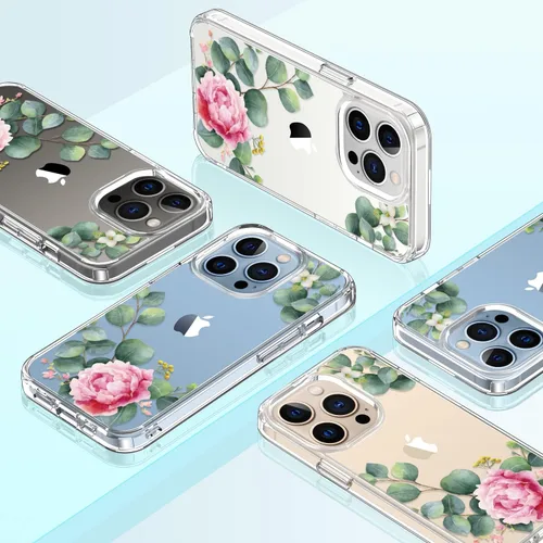 Vista 6 de Funda para iPhone 13 Pro con protector de pantalla, 6.1 pulgadas, transparente, de cuerpo completo, a prueba de golpes, diseño floral, para niñas