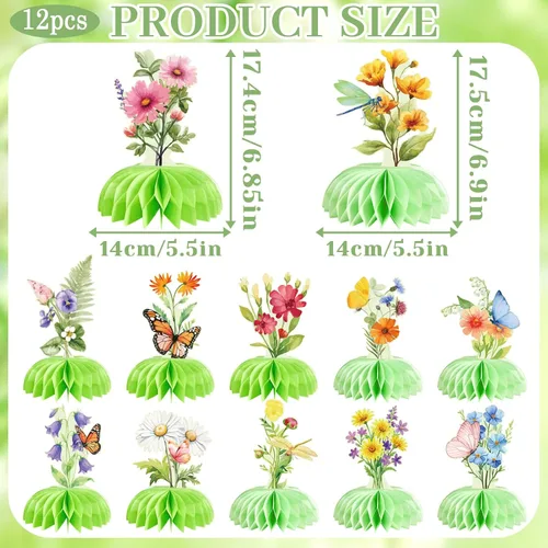 Vista 2 de 12 centros de mesa de panal de flores verdes, para decoraciones de fiesta de flores, reutilizables, de fácil montaje, decoración de mesa de jardín