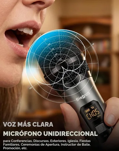 Vista 4 de Bietrun Micrófono inalámbrico, juego profesional de micrófonos UHF de metal, de mano, doble, inalámbrico, dinámico, con receptor recargable, salida