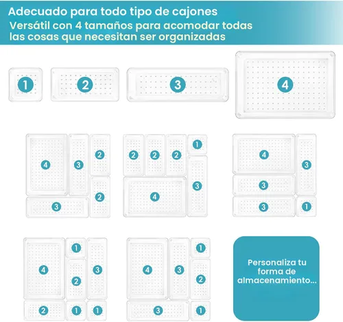 Vista 7 de Vtopmart Juego de 25 organizadores de cajones de plástico transparente, 4 tamaños versátiles bandejas organizadoras de cajones de baño y tocador