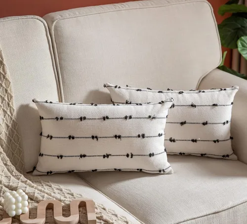 Vista 18 de Caflife Fundas de Almohada Decorativas Boho 18x18 pulgadas Beige y Negro, Juego de 2 Fundas de Almohada Decorativas Modernas Estilo Granja para Sofá