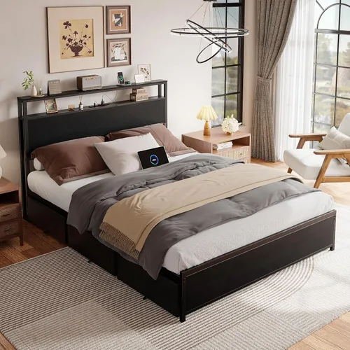 Vista 9 de Forestell Full Size Bed Frame with Storage Headboard & 6 Drawers, Metal Platform Bed Frame with LED Lights & Charging Station, 2 Tier Shelf Storage