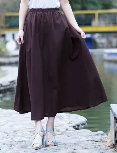 Vista 3 de AOTRIO Falda de algodón y lino para mujer, cintura elástica, larga, estilo retro, informal, con bolsillos