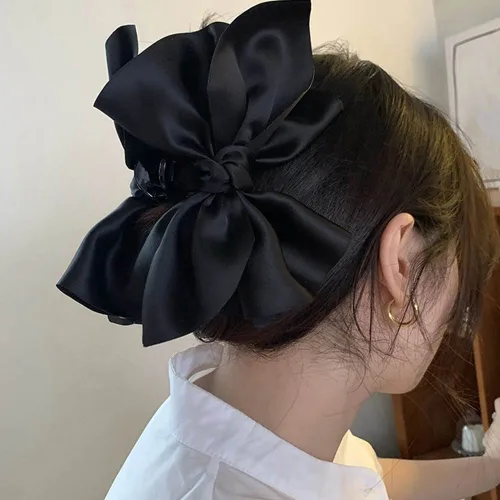 Vista 2 de Jumwrit Pinza para el cabello, pinza de pelo con lazo grande, sujeción fuerte, diseño francés, negro, accesorio de peinado de moda para mujeres