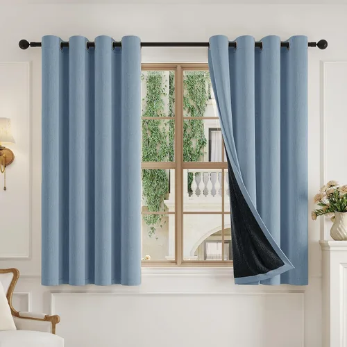Vista 11 de Anmao - Cortinas cortas oscuras y aisladas térmicamente para ventanas de oficina, juego de 2 paneles de 45 pulgadas de largo, con ojales, patrón 3D