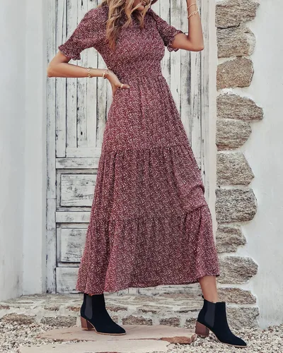 Vista 165 de BTFBM Vestidos para mujer, cuello redondo, casual, de verano, con volantes, manga corta, bohemio, con niveles, fruncido, largo, con estampado floral