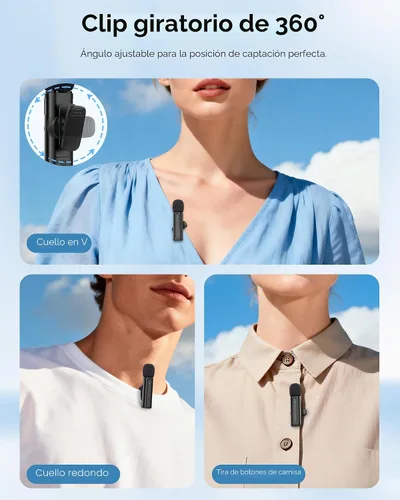 Vista 4 de Mini micrófono inalámbrico para iPhone, iPad, Android, paquete de 2 micrófonos Lavalier con clip giratorio de 360°, micrófono USB-C con reducción