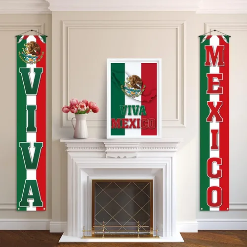 Vista 4 de Pudodo Viva México Porche Banner Dia De La Independencia Día de la Independencia Mexicana Fiesta Puerta Frontal Colgante de Pared Banner Decoración