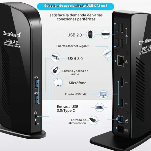 Vista 2 de Estación de acoplamiento universal USB 3.0 de doble pantalla 4K, pantalla de monitor de video dual con HDMI dual 4K x 2K a 60 Hz, Gigabit Ethernet