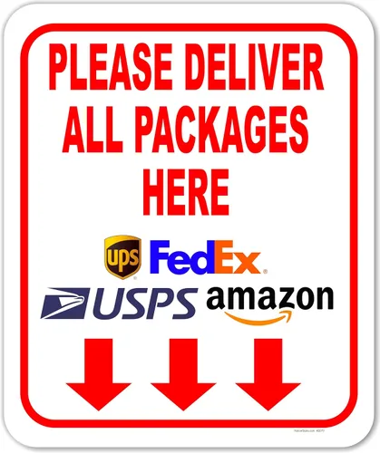 Vista 4 de Letrero compuesto de aluminio con flechas, instrucciones de entrega para paquetes de Amazon, FedEx, USPS, UPS, letreros para interiores y exteriores