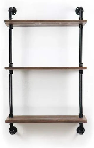 Vista 10 de Estante industrial de la pared del estante del tubo de madera rústica con el tubo negro del hierro 2 niveles