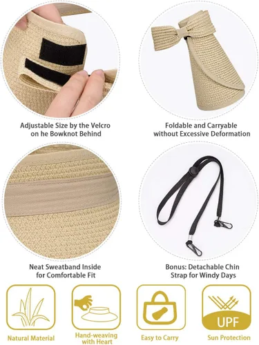 Vista 4 de MAYLISACC Viseras solares plegables de paja para mujer, protección solar de ala ancha, sombrero de playa ajustable en topless