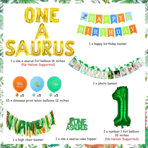 Vista 6 de Sursurprise Decoraciones de cumpleaños de One a Saurus, suministros de fiesta de primer cumpleaños de dinosaurio con globos, pancarta para silla