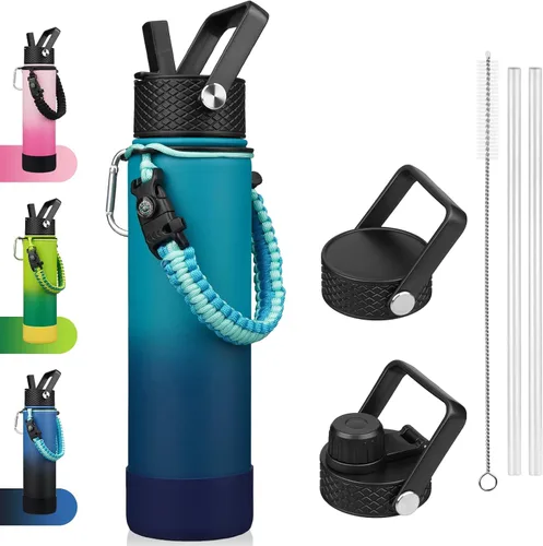 Vista 16 de BJPKPK - Botella de agua con tapa de popote, botellas de agua aisladas de 18 onzas con 3 tapas, asa de cuerda de paracaídas y base antideslizante