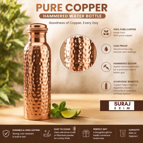 Vista 5 de Botella de agua de cobre puro de 34 onzas, recipiente ayurvédico auténtico para apoyo inmunológico y bienestar, ecológica, sin BPA, 100% cobre