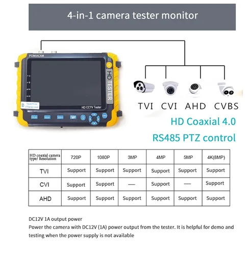 Vista 5 de AHD CCTV Monitor Cámara Probador IV8W 5 pulgadas 4-en-1 8MP AHD TVI 8MP CVI CVBS 1080P Coaxial HD Testerr Soporte RS485 PTZ Controlador/UTP Cable
