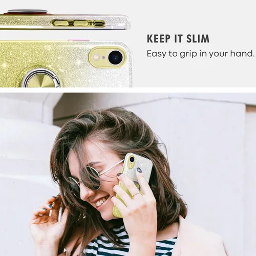 Vista 5 de Funda para iPhone XR, funda para iPhone XR, delgada, brillante, suave, TPU a prueba de golpes, soporte de anillo protector híbrido contra caídas