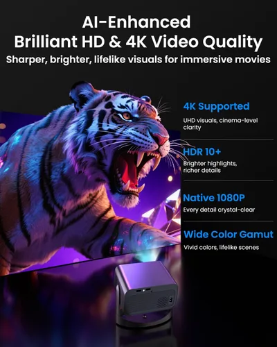 Vista 2 de Mini proyector inteligente con WiFi y Bluetooth, [aplicaciones integradas] Proyector portátil compatible con 4K nativo 1080P 4K para techo
